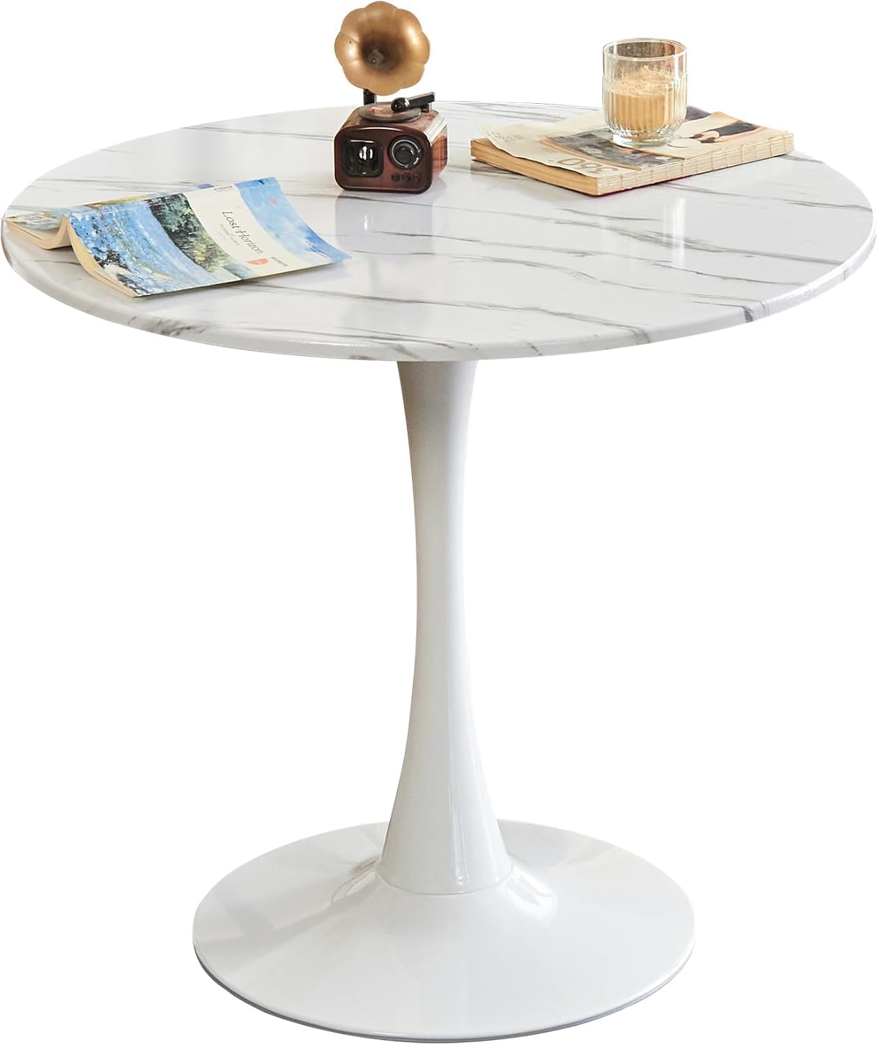 Comtrysail Round Dining Tulip Table for 4, Mid-Century Modern Table with Sturdy Metal Pedestal for Kitchen, Bistro, Cafe, Leisure (Faux Marble White, 31.5 INCH)