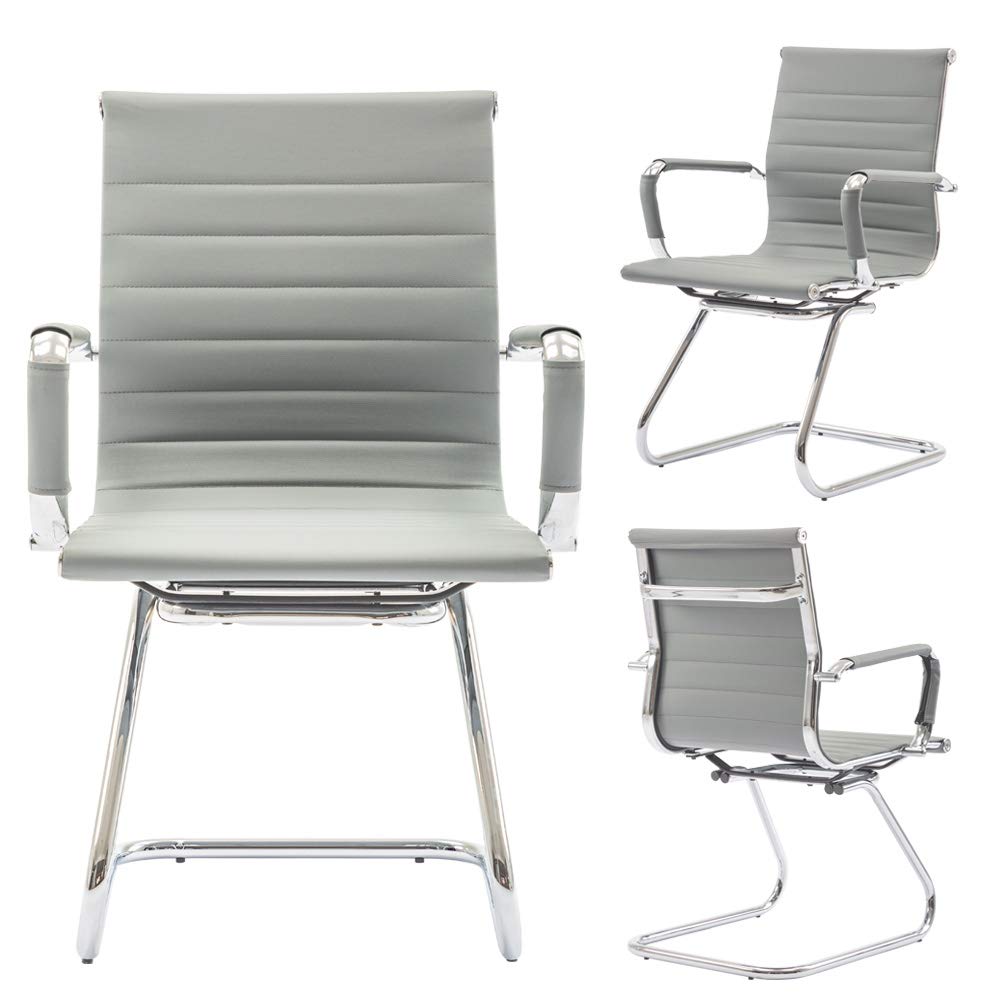 Conference Room Chairs Set of 2, Waiting Room Chairs with Arms, Faux Leather Reception Chairs No Wheels, Office Guest Chairs with Mid Back Support and Chrome Sled Base, Grey