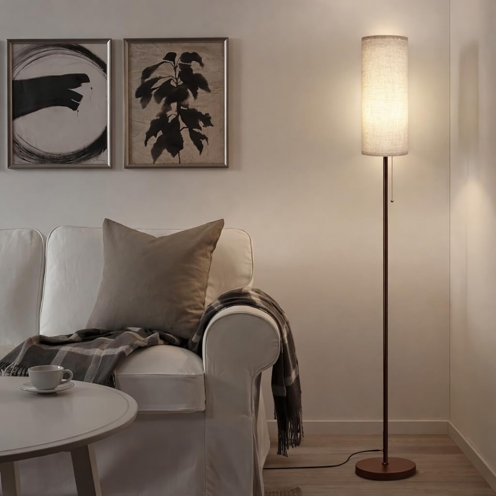 Floor Lamp for Living Room, Modern Standing Lamps with Lampshade, Minimalist Tall Lamp with Chain Switch for Living Room, LED Bulb Included (Beige+Brown)