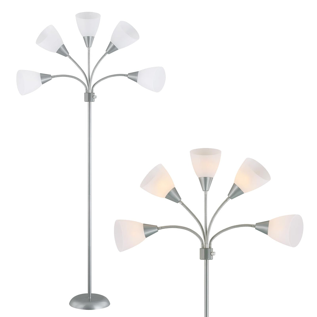 Medusa Modern Decor Floor Lamp, Multi Head Adjustable Gooseneck Bright Light Lamp for Reading, White Shades Tall Standing Tree Floor Lamp for Living Room Bedroom Office Kids Classroom, Silver