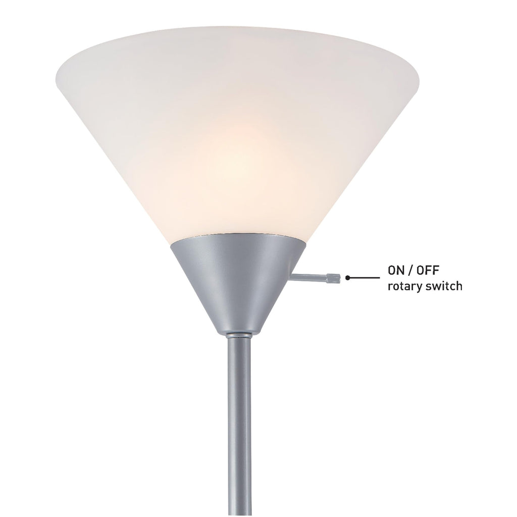 677150 Elliott 72" Floor Lamp, Silver, White Plastic Shade, On/Off Rotary Switch on Shade, Standing, Living Room Decor, Bedroom, Tall, Corner Light