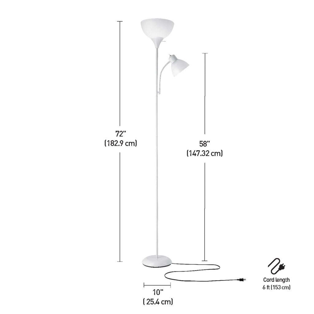 67136 72" Torchiere Floor Lamp with Adjustable Reading Light, Matte White Finish, Frosted Shades, Rotary Switch on Socket, E26 Base