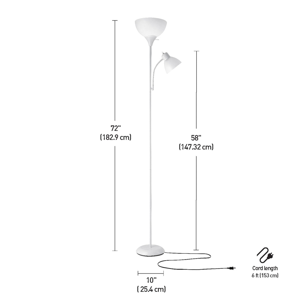 67136 72" Torchiere Floor Lamp with Adjustable Reading Light, Matte White Finish, Frosted Shades, Rotary Switch on Socket, E26 Base