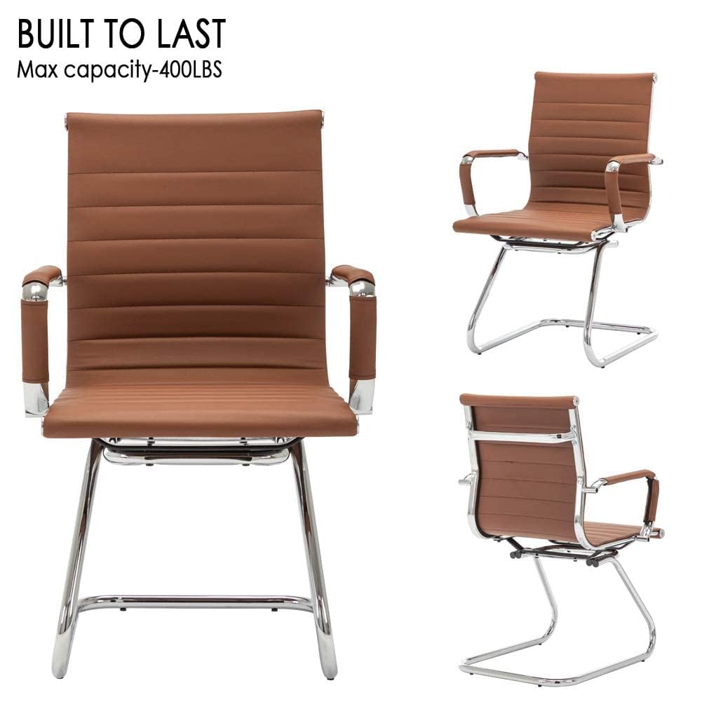 Conference Room Chairs Set of 6, Waiting Room Chairs with Arms, Faux Leather Reception Chairs No Wheels, Office Guest Chairs with Mid Back Support and Chrome Sled Base, Cafe