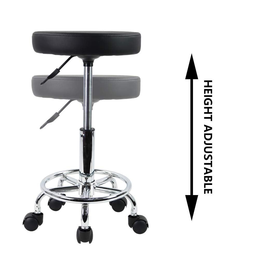 PU Leather Round Rolling Stool with Foot Rest Swivel Height Adjustment Spa Drafting Salon Tattoo Work Office Massage Stools Task Chair Small (Black)