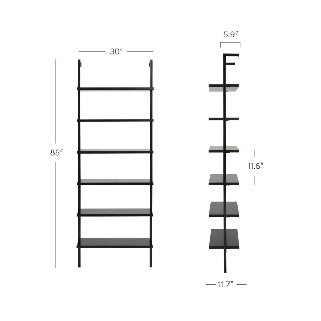 6-Shelf Tall Bookcase, Wall Mount Bookshelf Wood Shelves and Metal Frame, Matte Black, Set of 2
