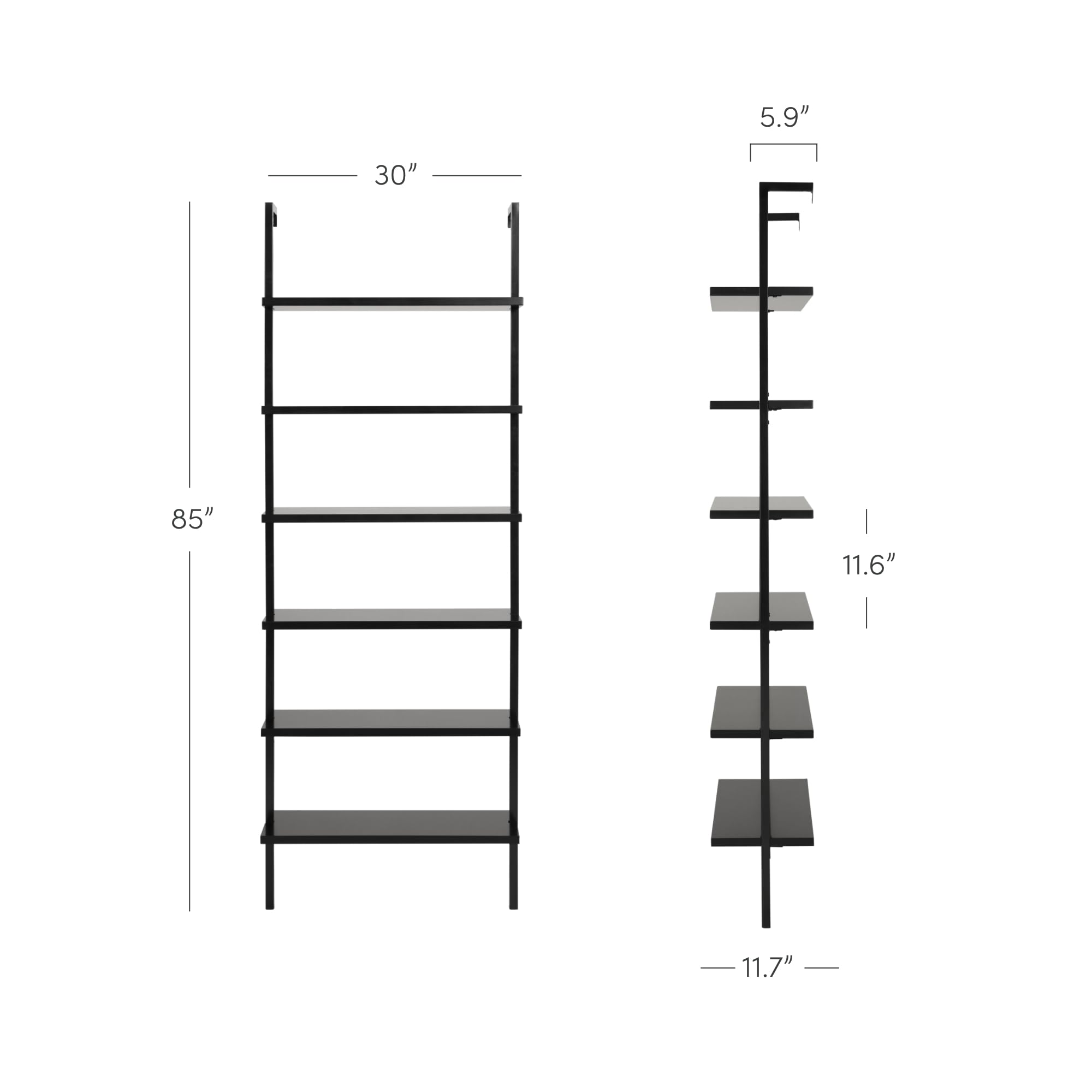 6-Shelf Tall Bookcase, Wall Mount Bookshelf Wood Shelves and Metal Frame, Matte Black, Set of 2