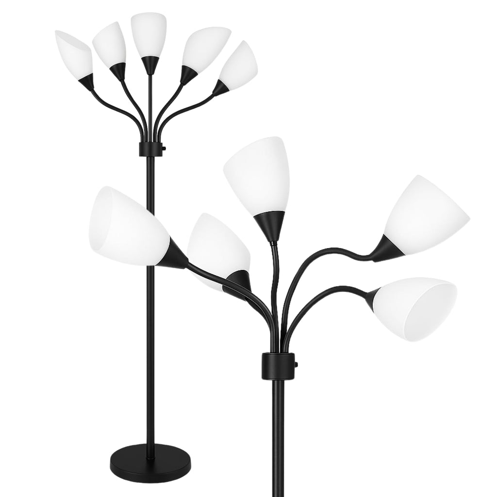 Multi-Head 5-Light Floor Lamp, Adjustable Standing Lamp with 3-Mode Switch, White Acrylic Shades, Black Finish, Perfect Floor Lamps for Living Room & Bedroom Room Lights