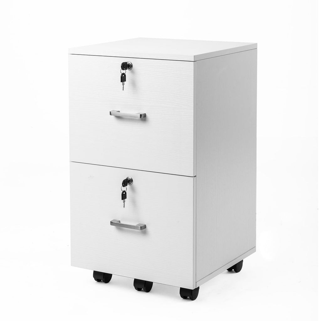 2 Drawer File Cabinet with Lock, Wood Grain White File Cabinets for Letter Size File Folders with Tabs, Mobile Under Desk Filing Cabinets for Home Office, Rolling Filing Cabinet Printer Stand