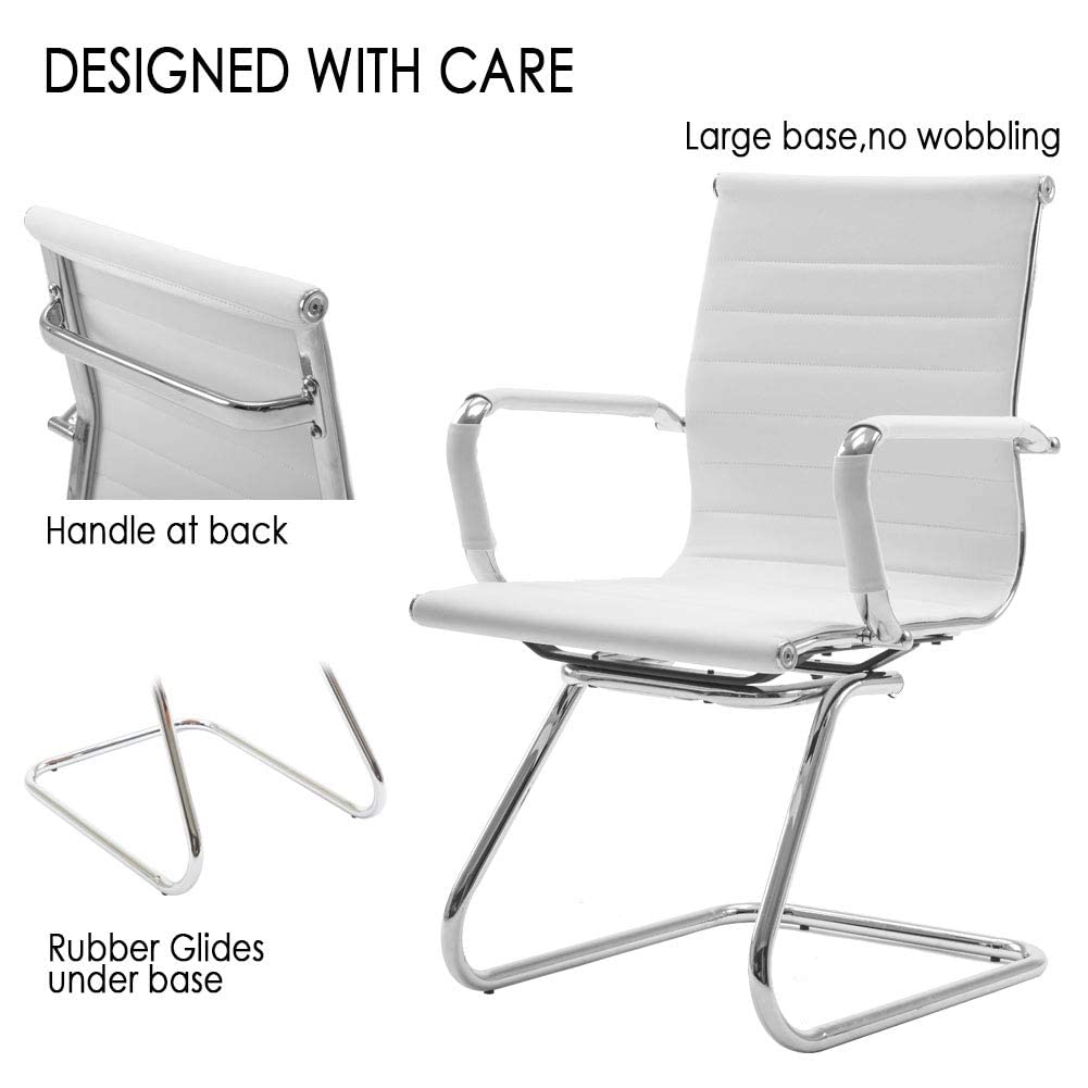 Conference Room Chairs Set of 2, Waiting Room Chairs with Arms, Faux Leather Reception Chairs No Wheels, Office Guest Chairs with Mid Back Support and Chrome Sled Base, White