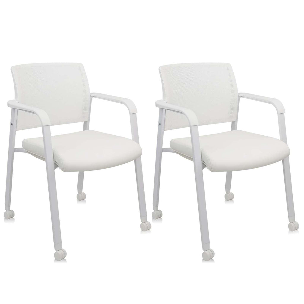 Set of 2, Stacking Office Chairs | Mesh Back, Thicken Leather Seat and Arms, Ergonomic Lumber Support | Guest Reception, Waiting, Conference, School, Party, Customer, Side, Stationary | White