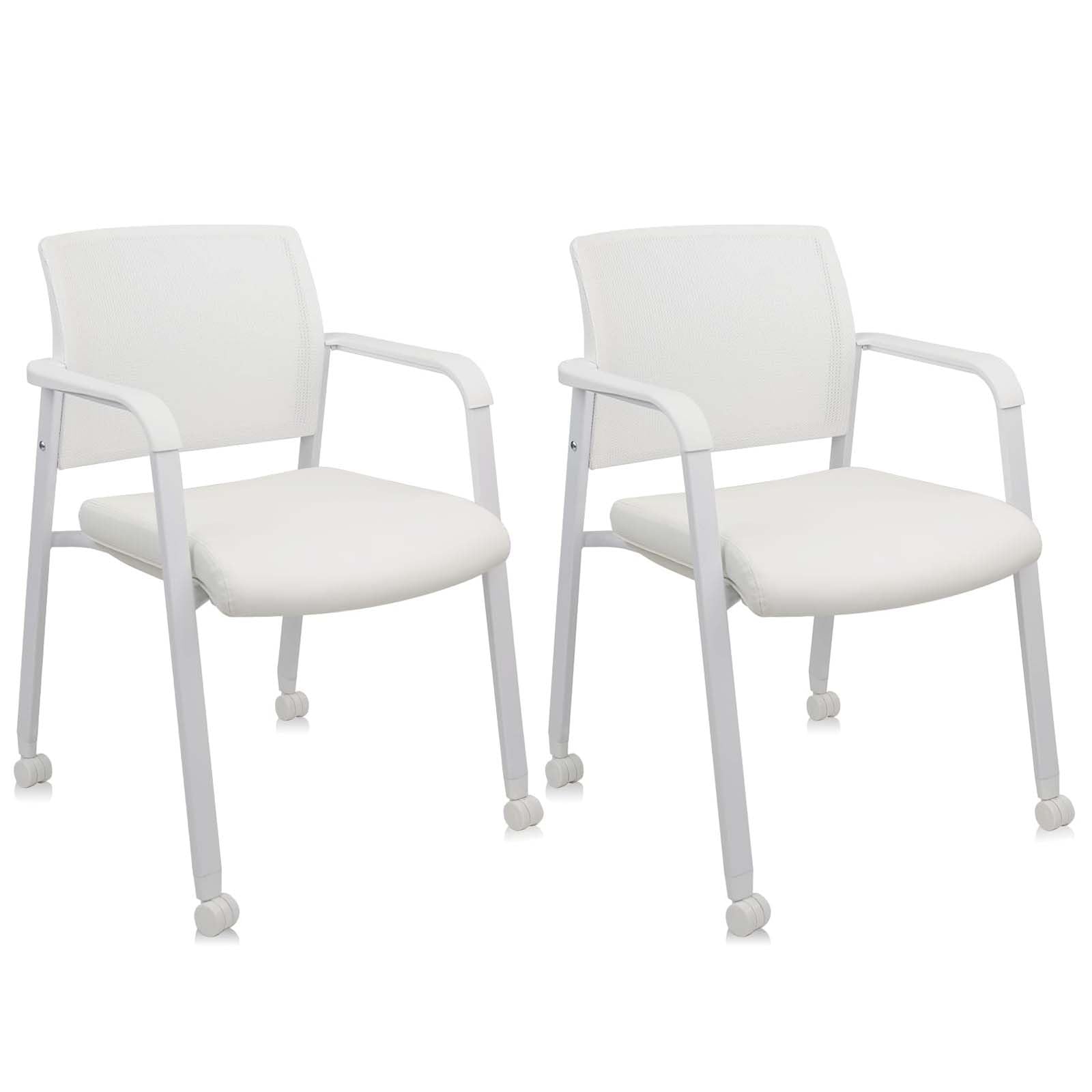 Set of 2, Stacking Office Chairs | Mesh Back, Thicken Leather Seat and Arms, Ergonomic Lumber Support | Guest Reception, Waiting, Conference, School, Party, Customer, Side, Stationary | White