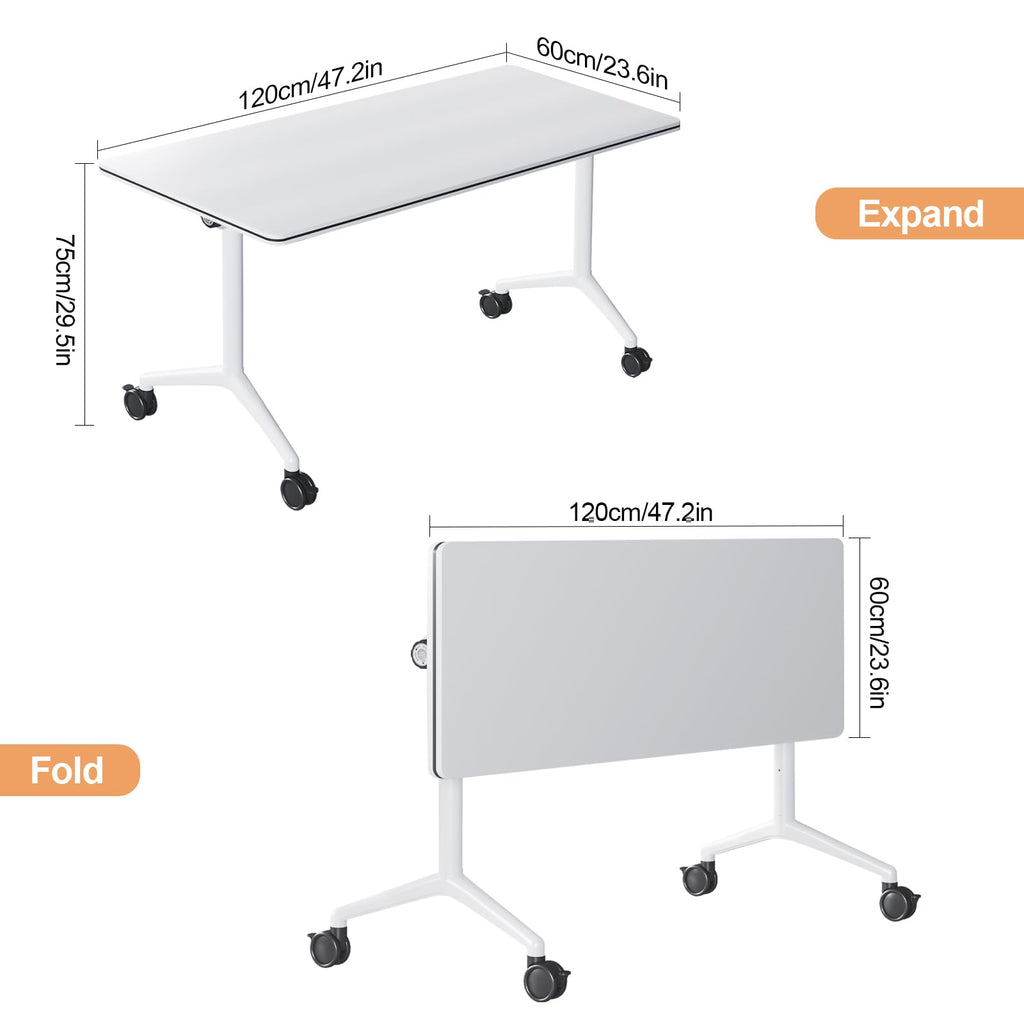 Folding Conference Table with Wheels, Flip-Top, 47.2in, 4 Pack, White