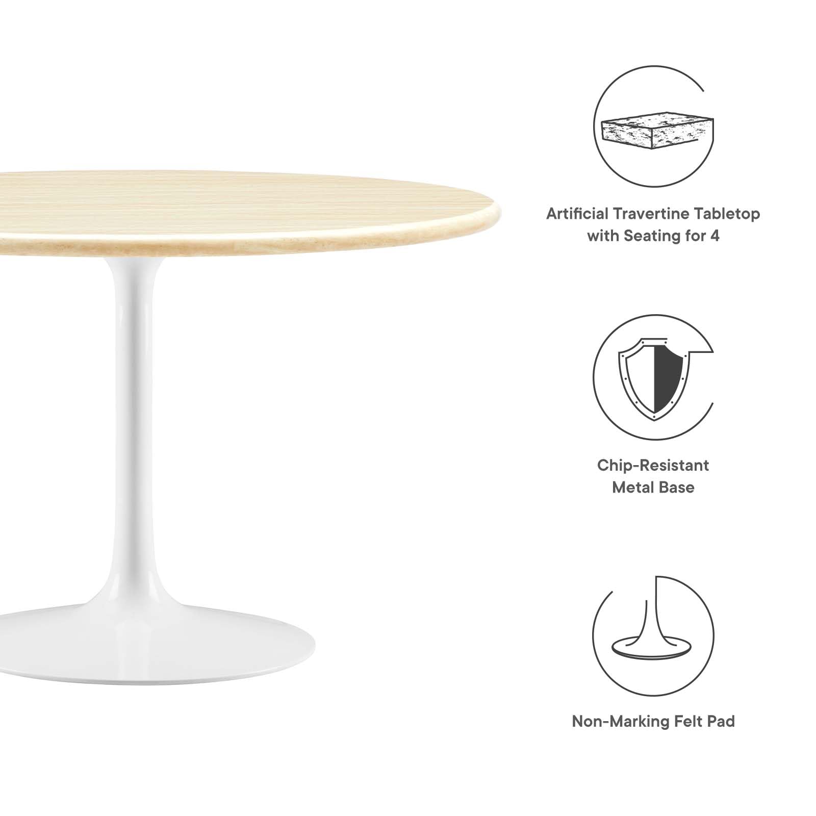 Modway Lippa 48" Round Artificial Dining Table with Tapered, Metal Base, White Travertine