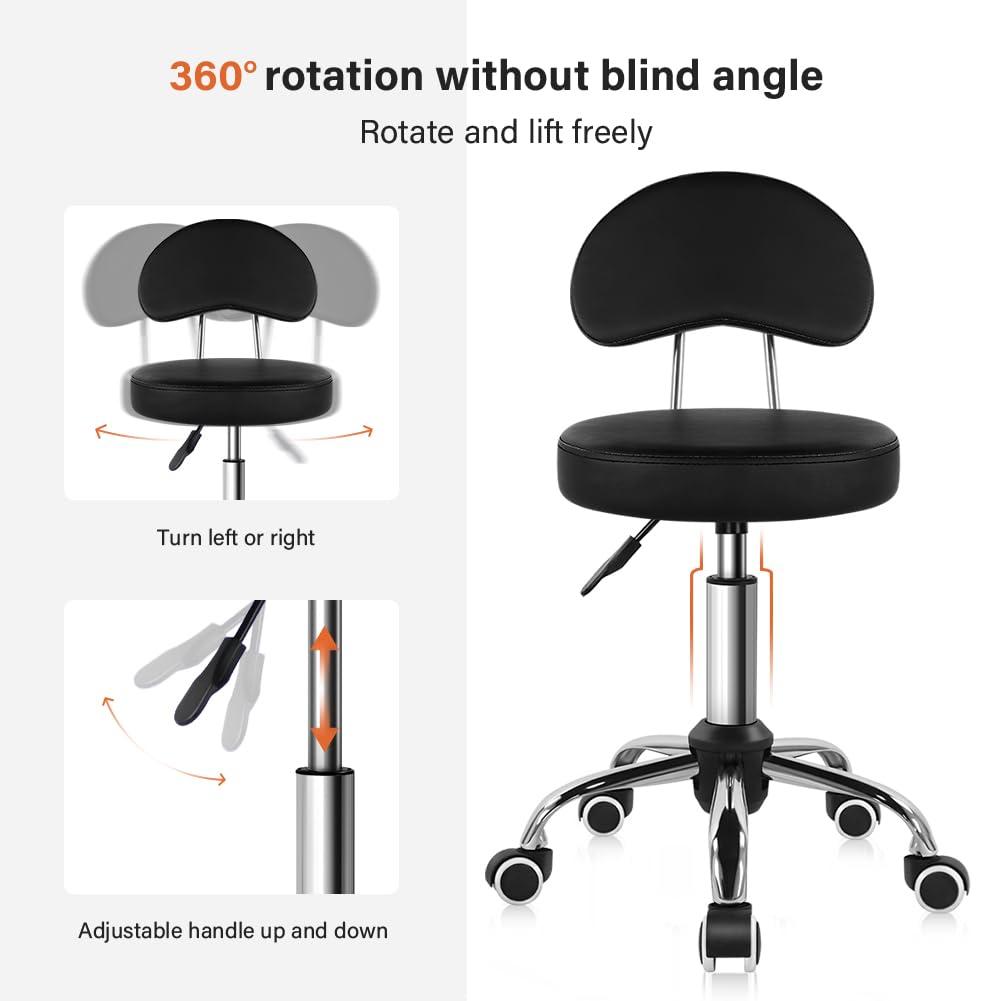 Rolling Stool with Mid Back Height Adjustable Chair PU Leather Swivel Chair with Wheels for Office Home Task Drafting (Black)