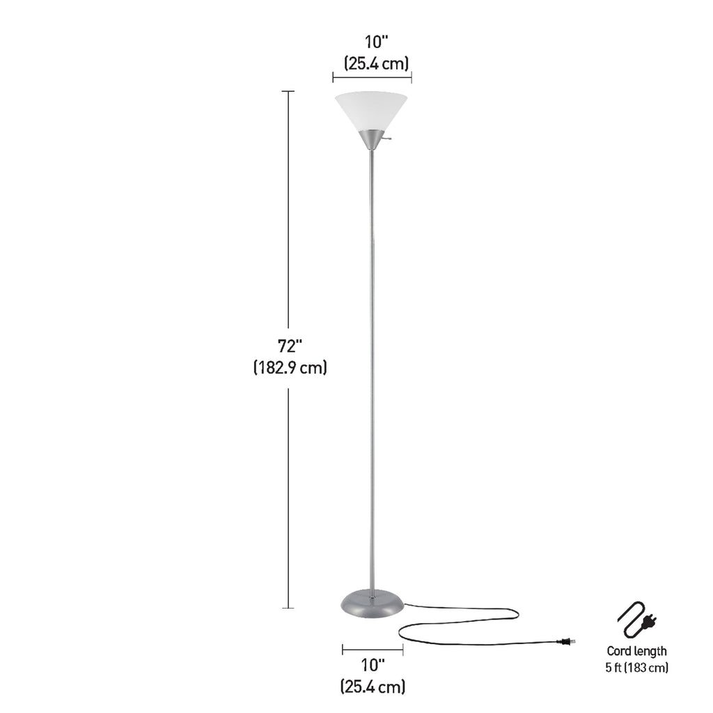 677150 Elliott 72" Floor Lamp, Silver, White Plastic Shade, On/Off Rotary Switch on Shade, Standing, Living Room Decor, Bedroom, Tall, Corner Light