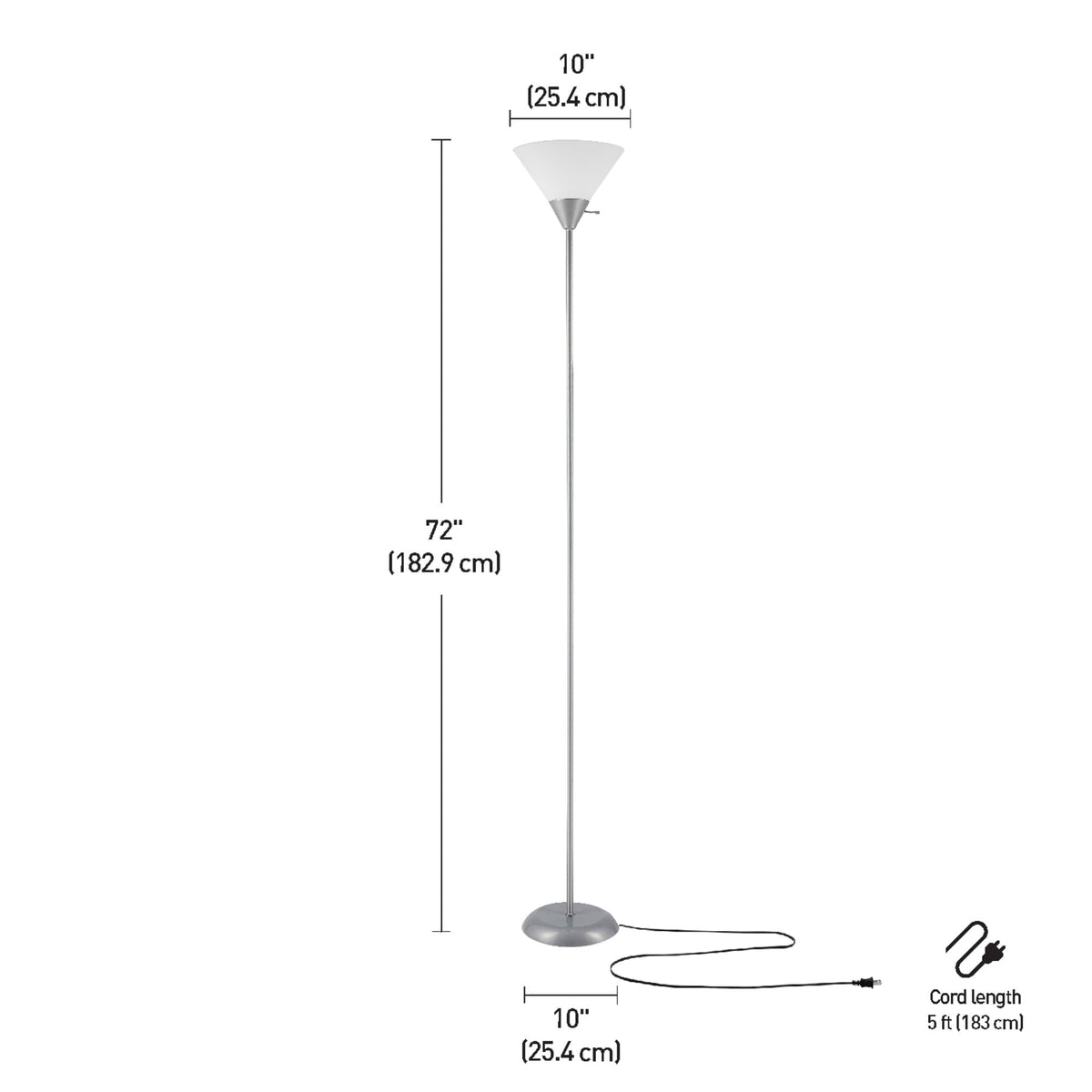 677150 Elliott 72" Floor Lamp, Silver, White Plastic Shade, On/Off Rotary Switch on Shade, Standing, Living Room Decor, Bedroom, Tall, Corner Light
