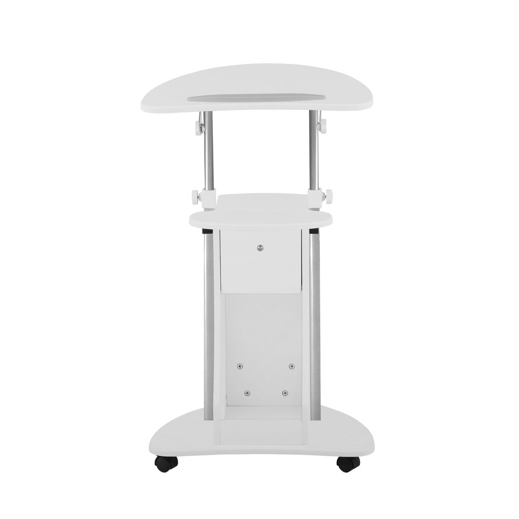 Adjustable Height Rolling Laptop Cart with Storage, Sit to Stand Desk with Wheels, Podium Stand or Medical Cart, White