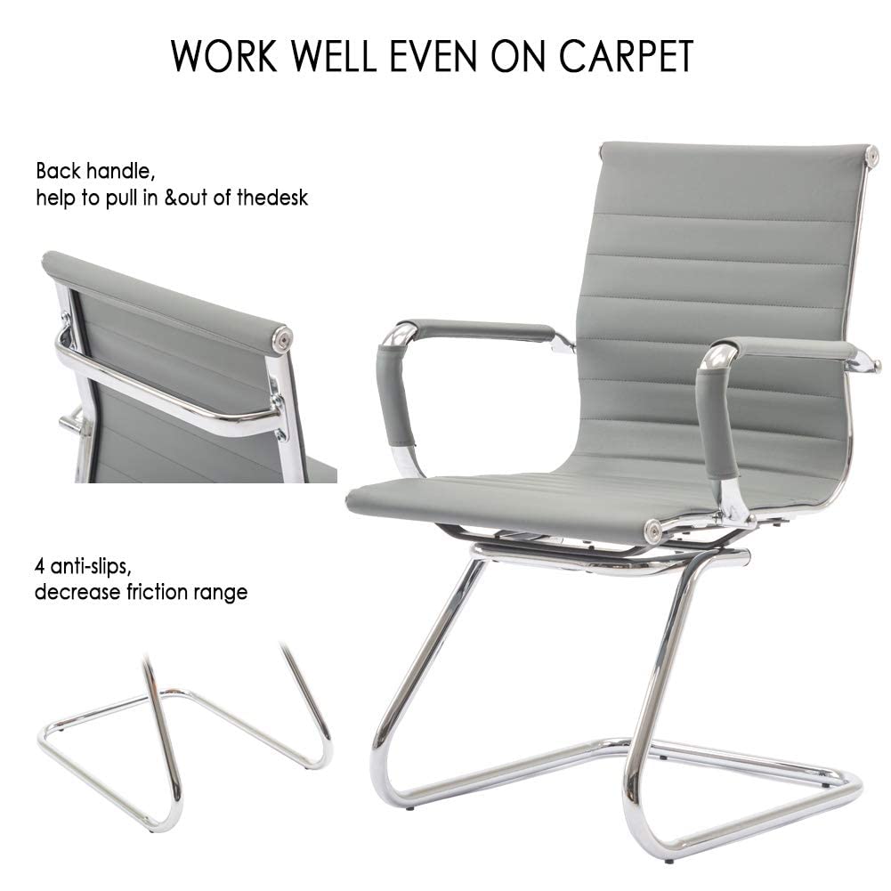 Conference Room Chairs Set of 4, Waiting Room Chairs with Arms, Faux Leather Reception Chairs No Wheels, Office Guest Chairs with Mid Back Support and Chrome Sled Base, Grey