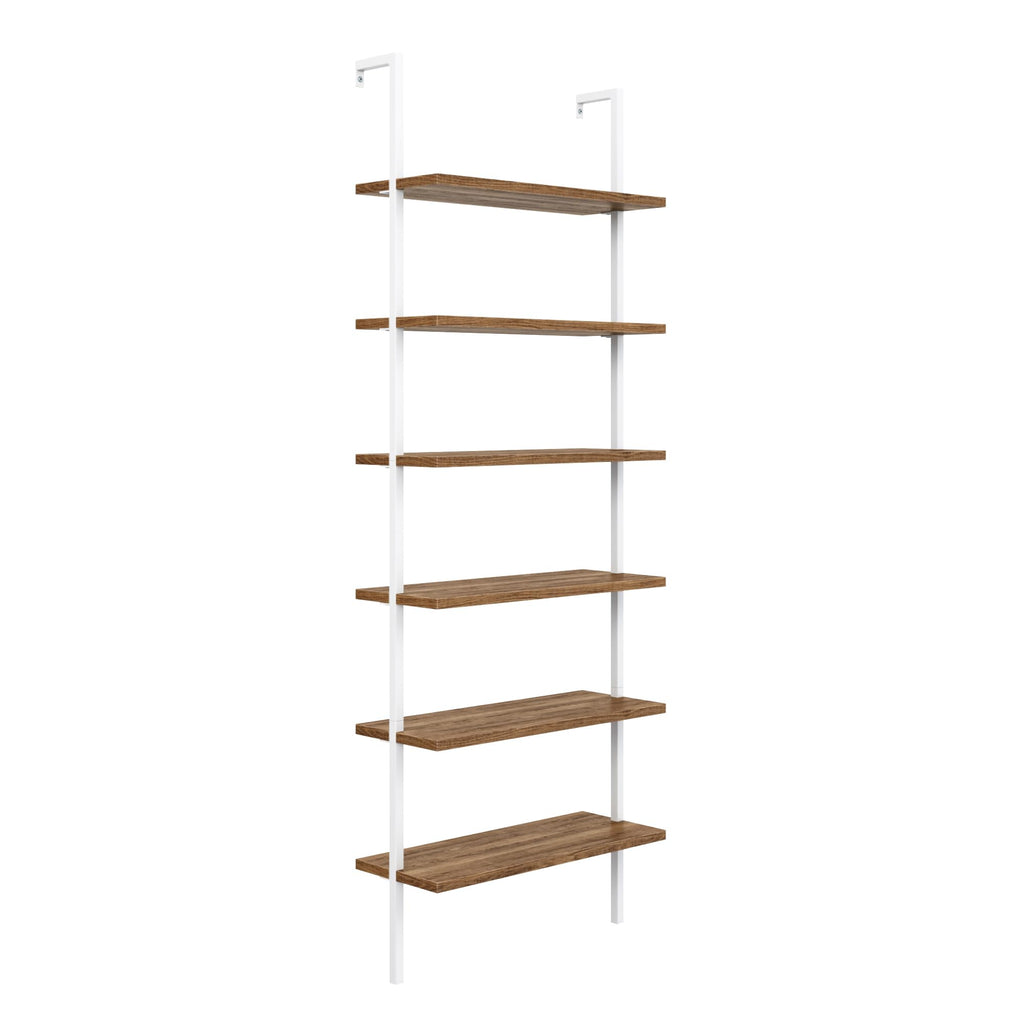 6-Shelf Tall Bookcase, Wall Mount Bookshelf with Natural Wood Finish and Industrial Metal Frame, Rustic Oak/White