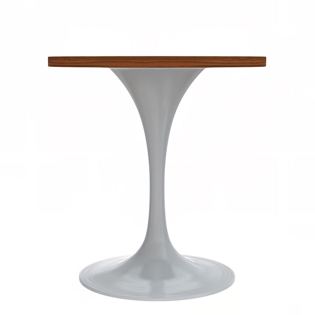 LeisureMod Verve Mid-Century Modern 27 Inch Round Dining Table, MDF Wood Tabletop with White Steel Pedestal Base, Contemporary Kitchen & Dining Room, Small Space Breakfast Table, Cognac Brown