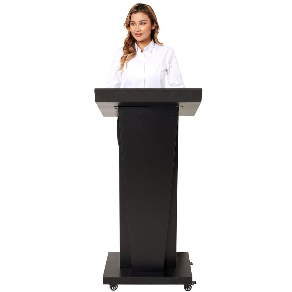 Podium Stand with 4 Locking Wheels, Lecterns & Podiums for Church School Office Conference Home, Heavy Duty Metal, Large Storage Area, Slant Desktop, 50.4" H