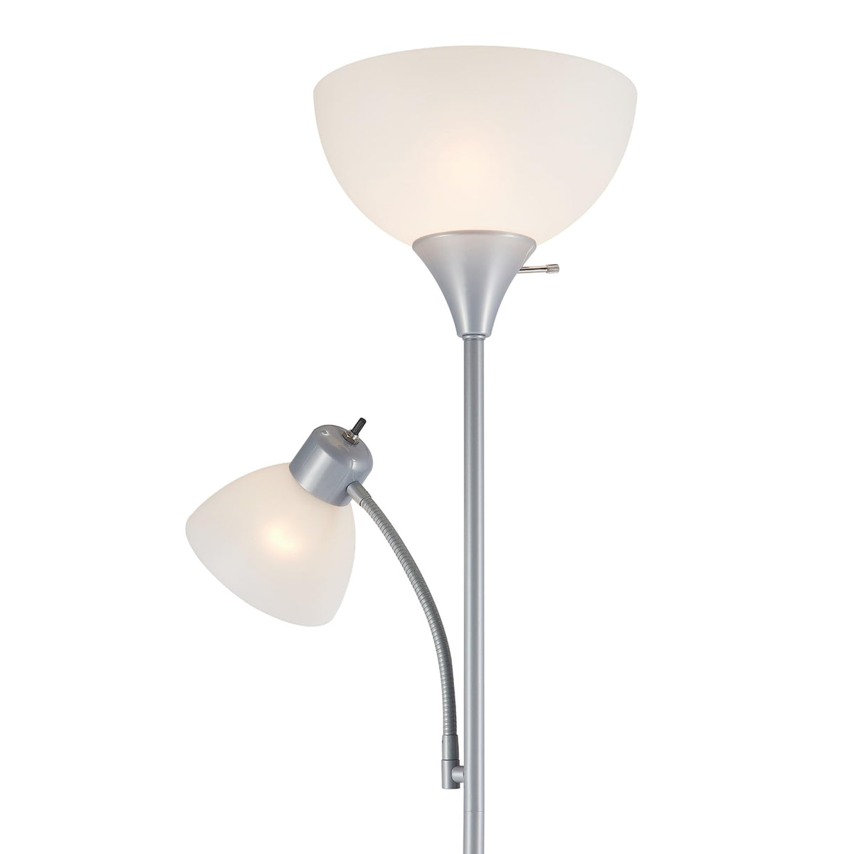 67134 72" Torchiere Floor Lamp and Adjustable Reading Light, Silver, Frosted Shade, Dual Rotary Switch, 3-Step Dimming, Modern Lighting for Living Room or Office, Timeless
