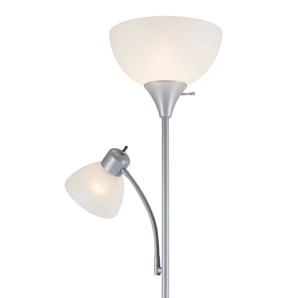 67134 72" Torchiere Floor Lamp and Adjustable Reading Light, Silver, Frosted Shade, Dual Rotary Switch, 3-Step Dimming, Modern Lighting for Living Room or Office, Timeless (Pack of 2)