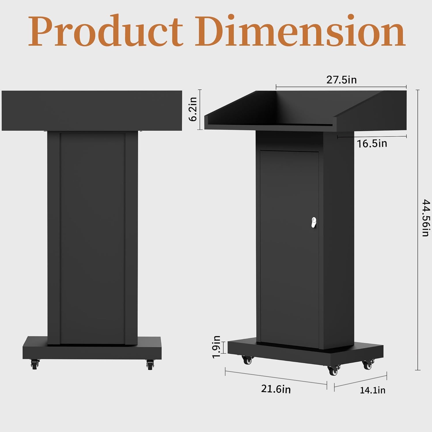 Heavy-Duty Black Metal Podium Stand with Lockable Wheels | Mobile Lectern with Storage Cabinet & Standard 44.56" Height | for Conference Rooms, Churches, Classrooms & Events (Style 3)
