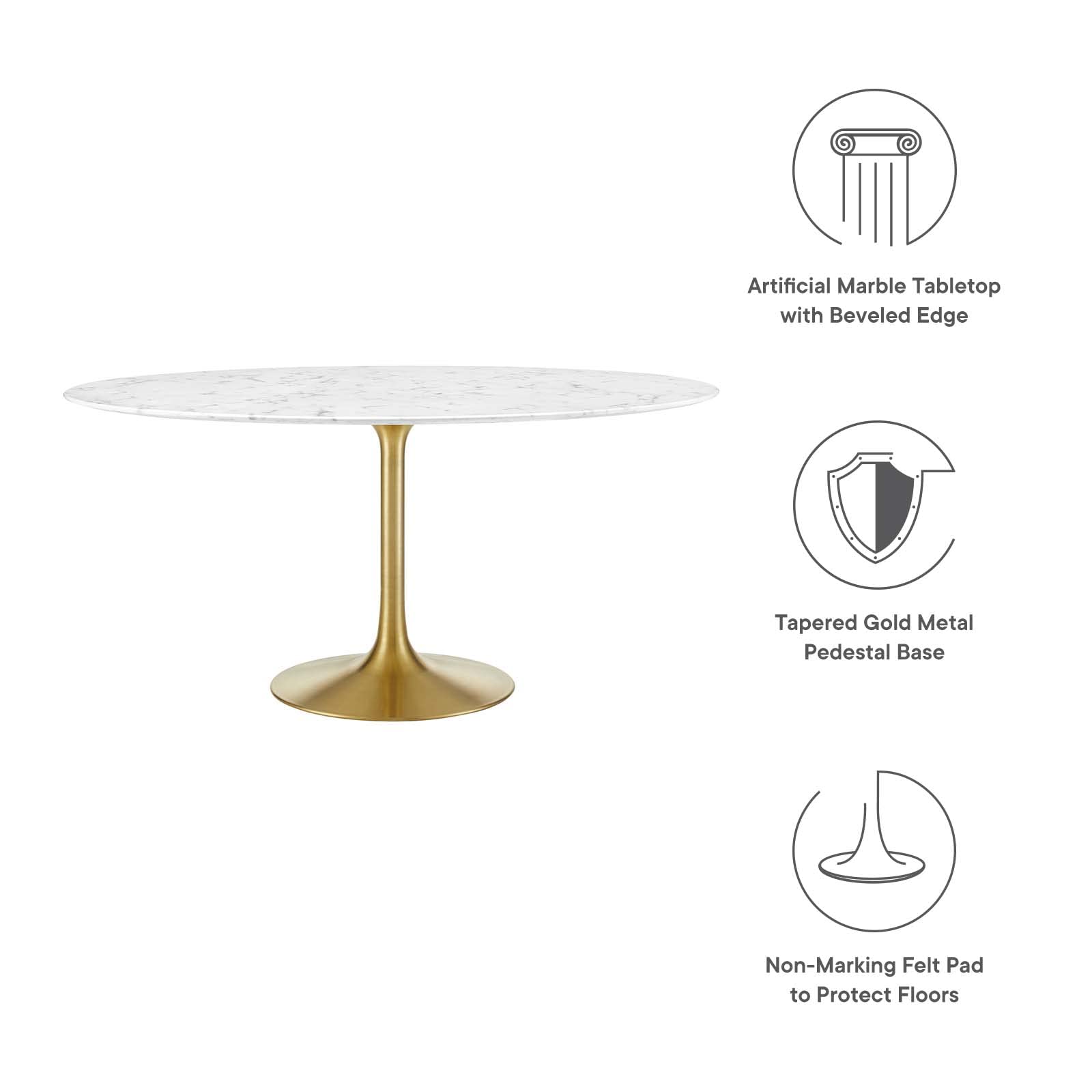Modway Lippa 60" Mid-Century Dining Table with Round Artificial Marble Top in Gold White