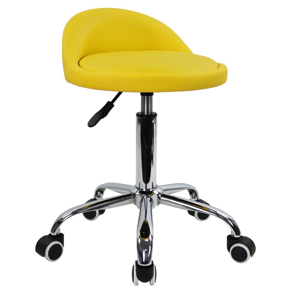 PU Leather Round Rolling Stool with Back Rest Height Adjustable Swivel Drafting Work SPA Task Chair with Wheels (Yellow)