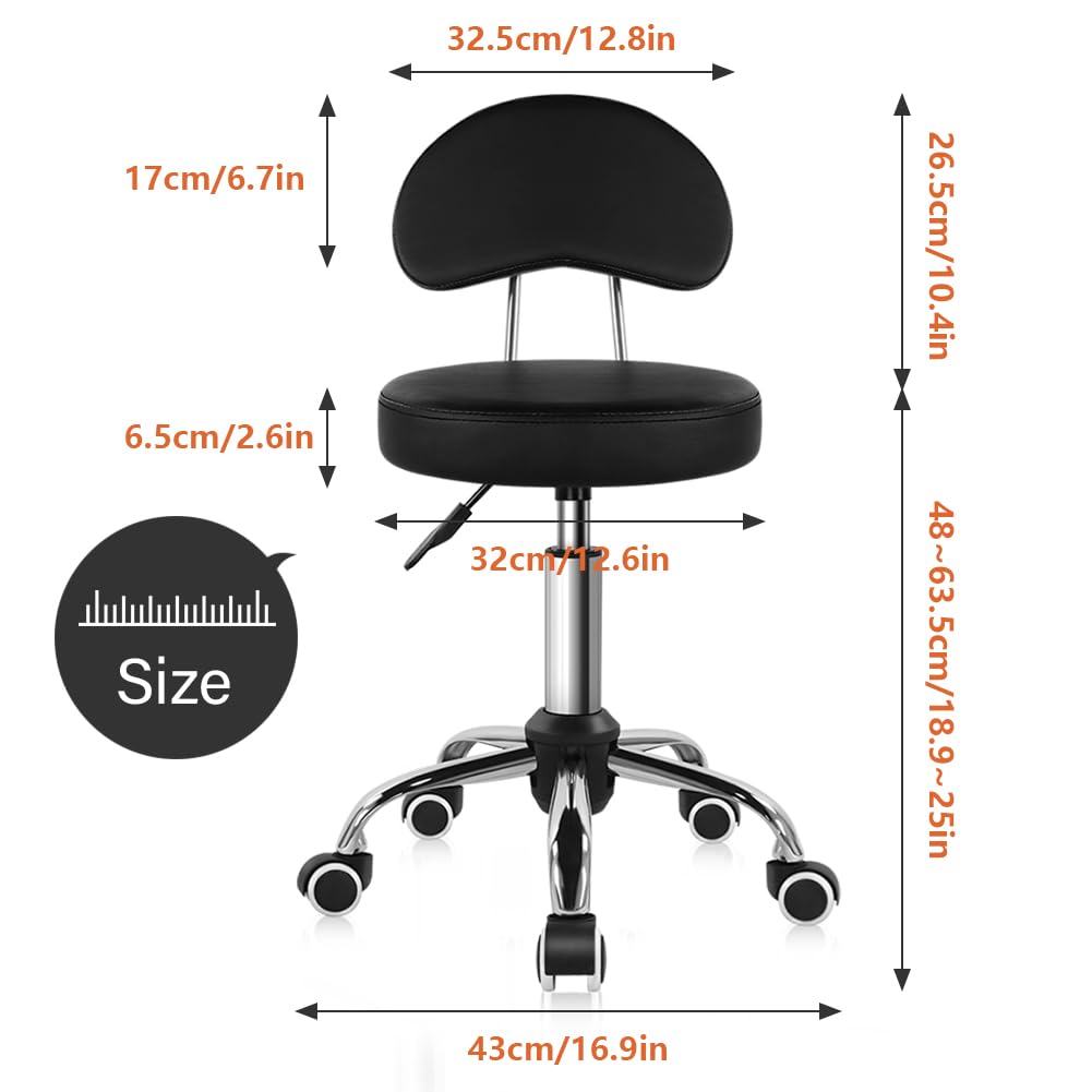 Rolling Stool with Mid Back Height Adjustable Chair PU Leather Swivel Chair with Wheels for Office Home Task Drafting (Black)