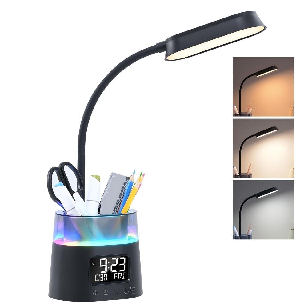 Led Desk Lamp with Pen Holder, Touch Lamps for Nightstand Eye-Caring Bedside Reading Light with Clock, Office Lamps Stepless Dimming, Lamp for Dorm Room, Suitable for Kid/Girl/Boy (Black)