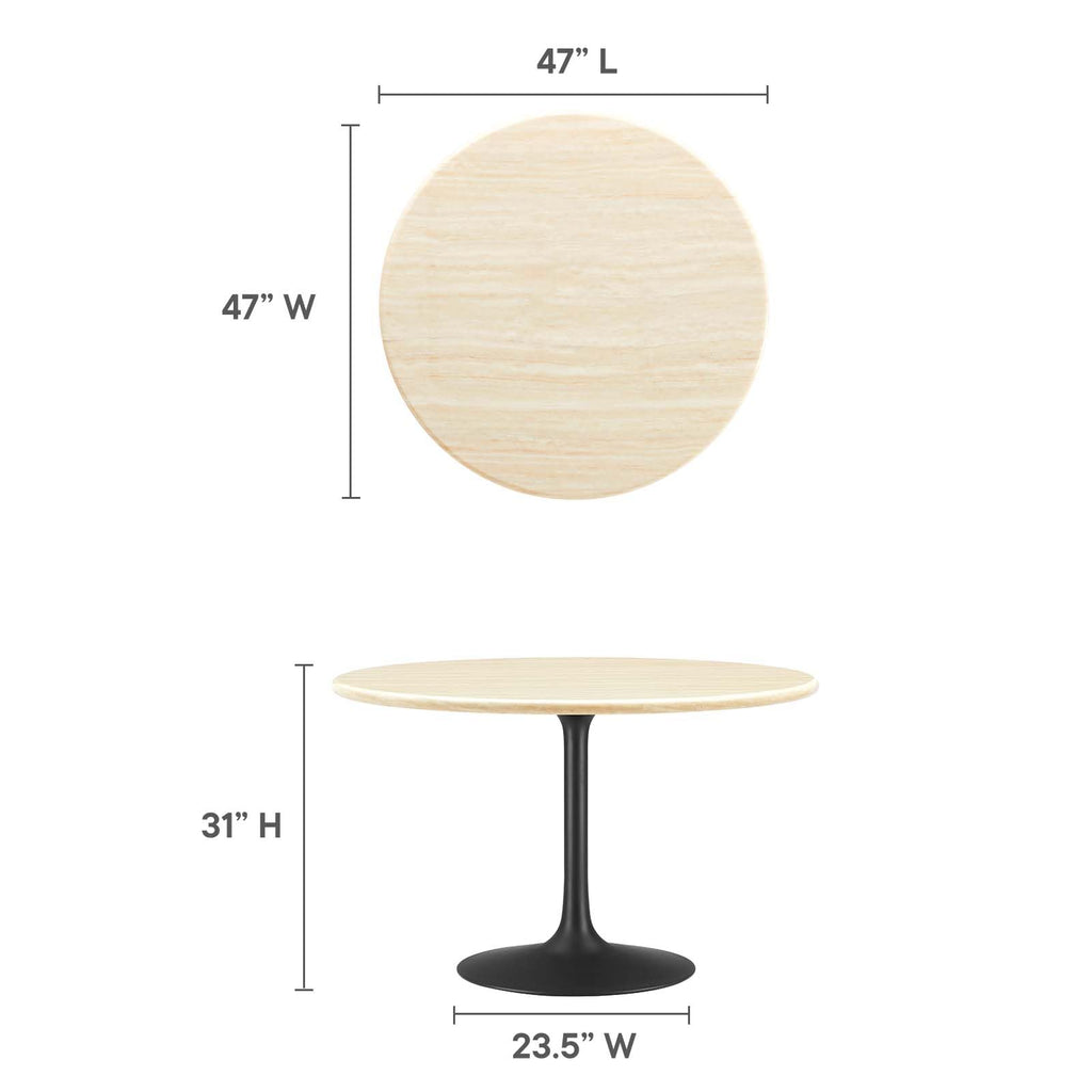 Modway Lippa 48" Round Artificial Dining Table with Tapered, Metal Base, Black Travertine