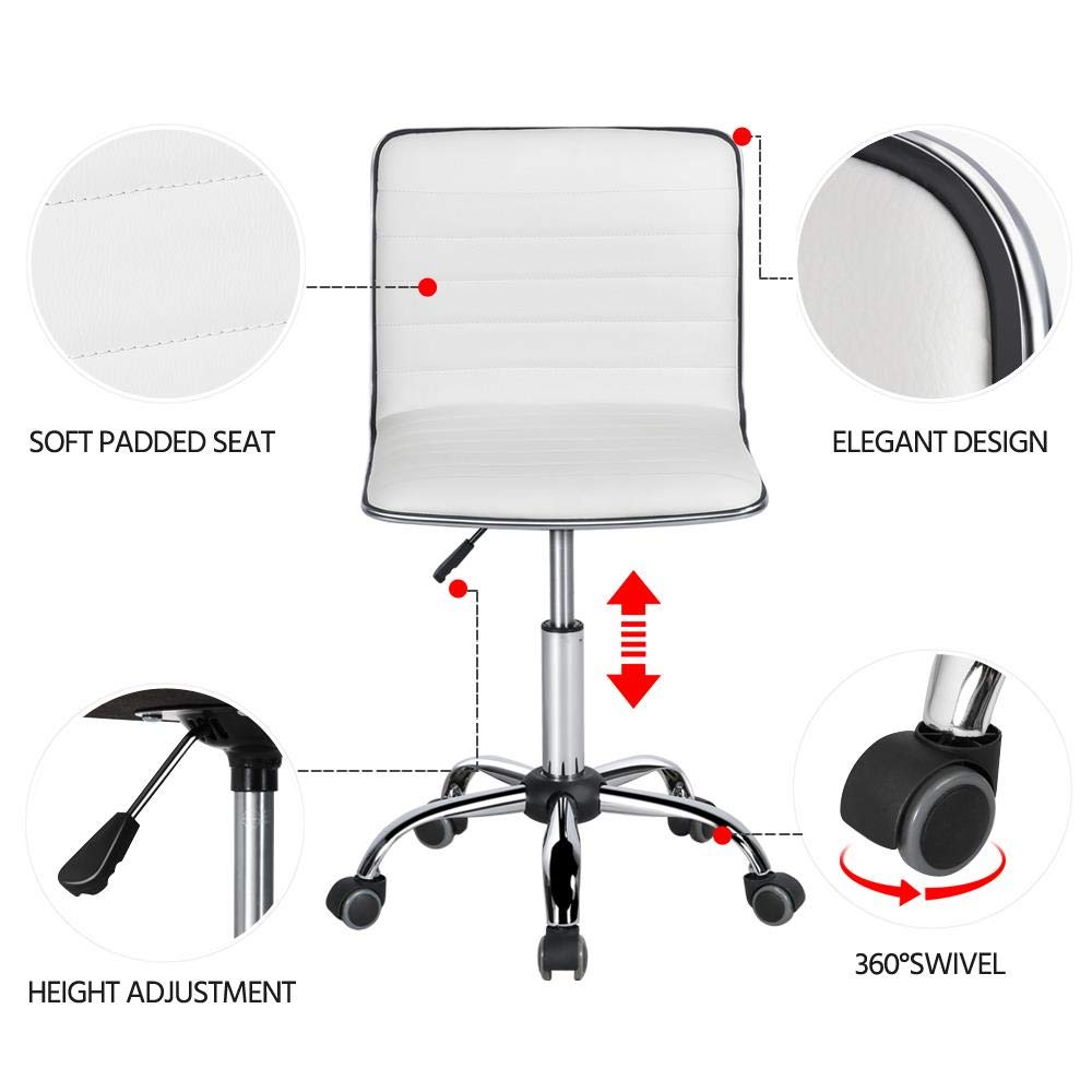 Adjustable Task Chair PU Leather Low Back Ribbed Armless Swivel White Desk Chair Office Chair Wheels