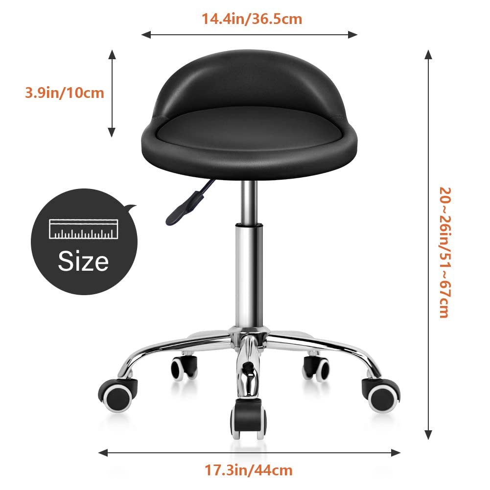 PU Leather Round Rolling Stool with Back Rest Height Adjustable Swivel Drafting Work SPA Task Chair with Wheels Black