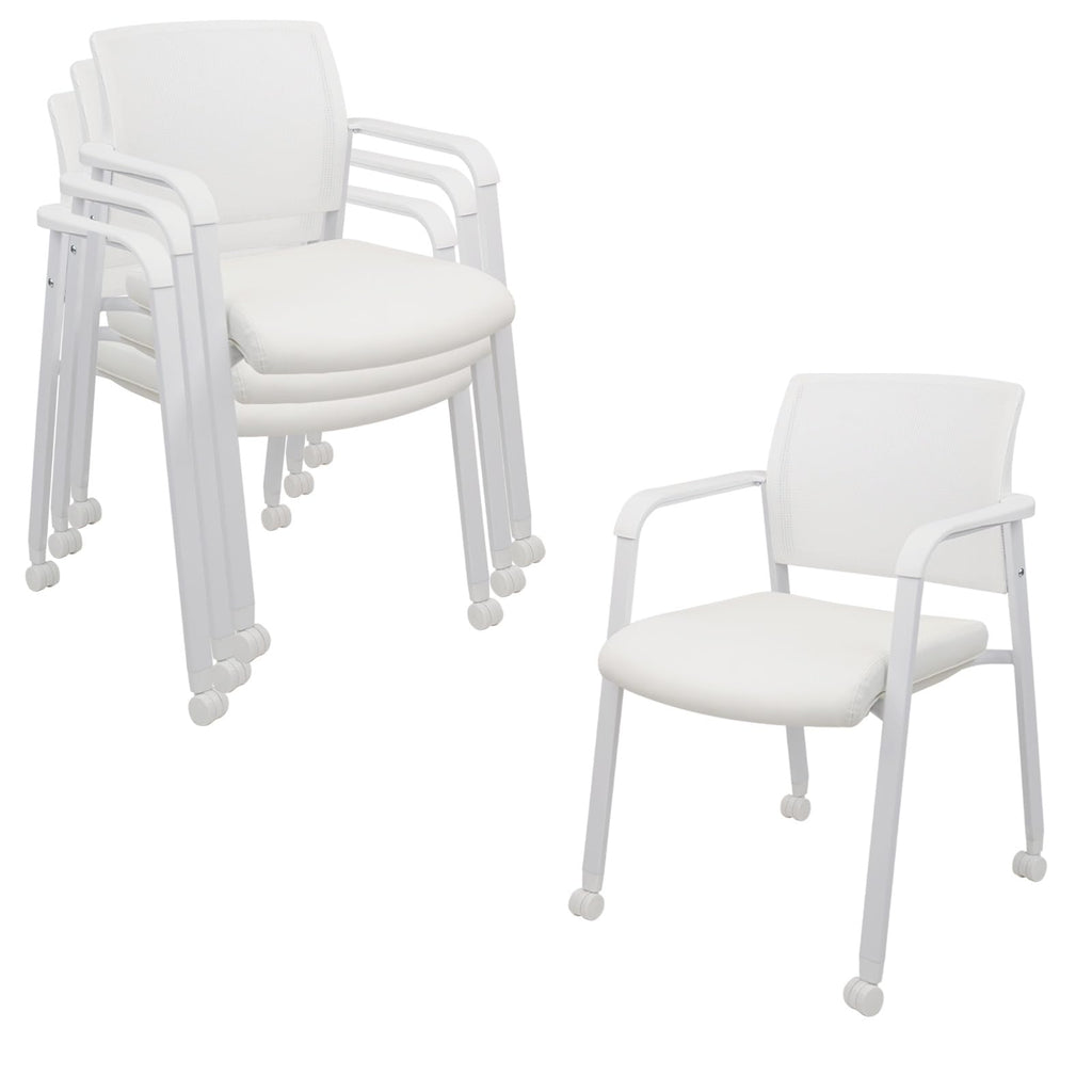 Set of 4, Stacking Office Chairs with Wheels | Mesh Back, Thicken Leather Seat and Streamline Armrests, Ergonomic Lumber Support | School, Desk, Guest Reception, Waiting, Conference | White