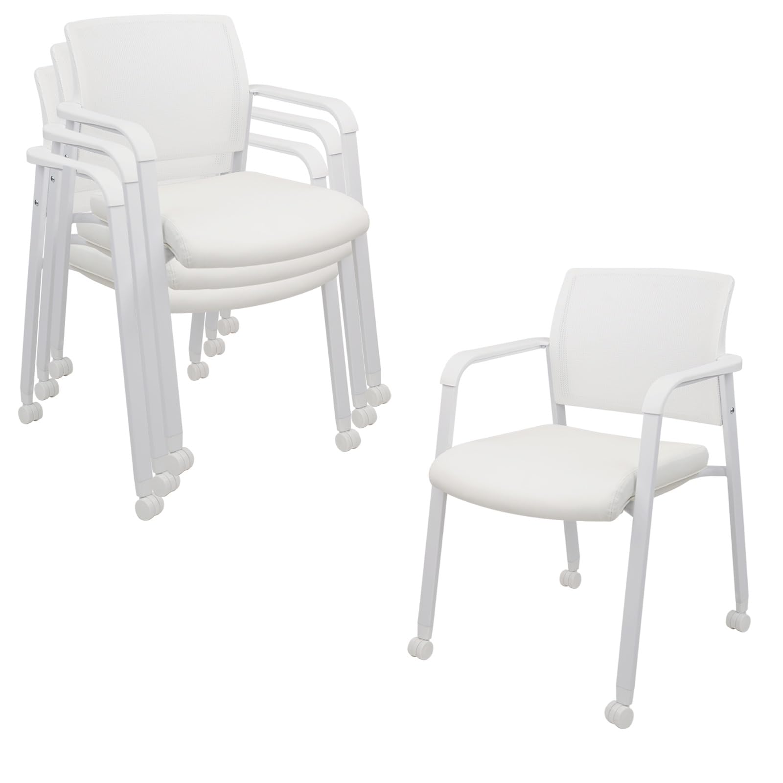Set of 4, Stacking Office Chairs with Wheels | Mesh Back, Thicken Leather Seat and Streamline Armrests, Ergonomic Lumber Support | School, Desk, Guest Reception, Waiting, Conference | White