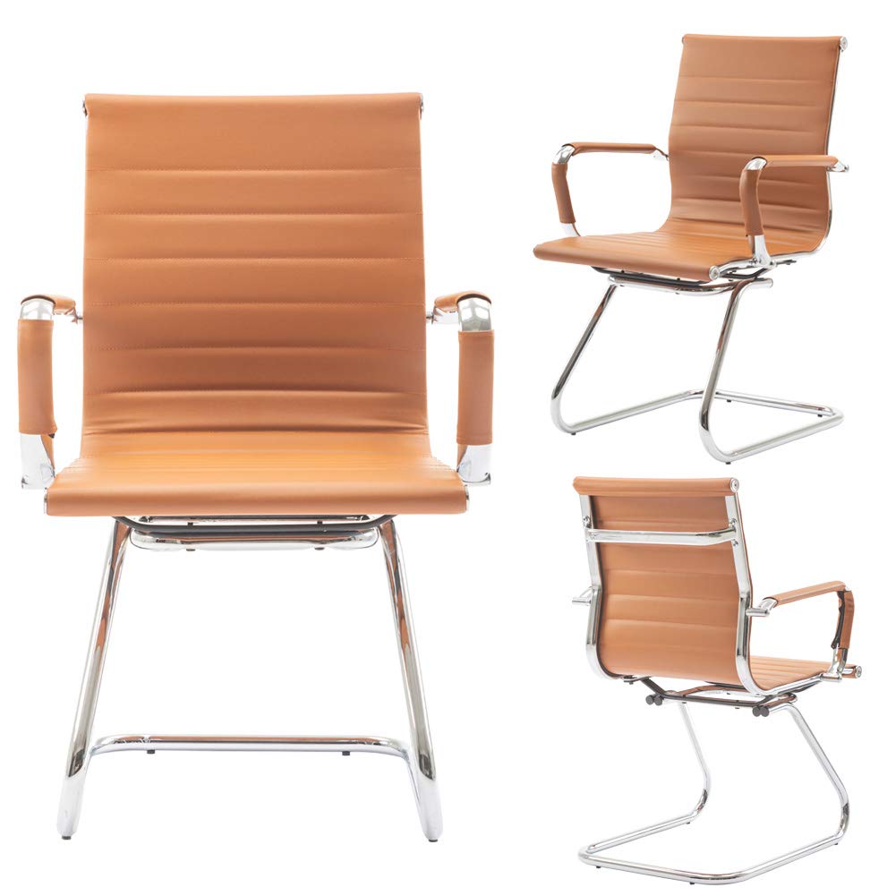 No Wheels Chairs Leather Conference Chairs Back Support Heavy Duty Office Guest Chair, Set of 2 (Terracotta)