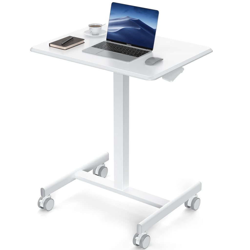 Small Standing Desk Mobile Portable Rolling Laptop PC Table on Wheels Adjustable Height Computer Workstation for Home Office, 19 Inch, Modern White