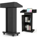 Podium Stand with 4 Locking Wheels, Heavy-Duty Metal Lectern with Large Lockable Storage Cabinet, Flat Desktop for Church, School, Office, and Conference, 43.7" H, Black