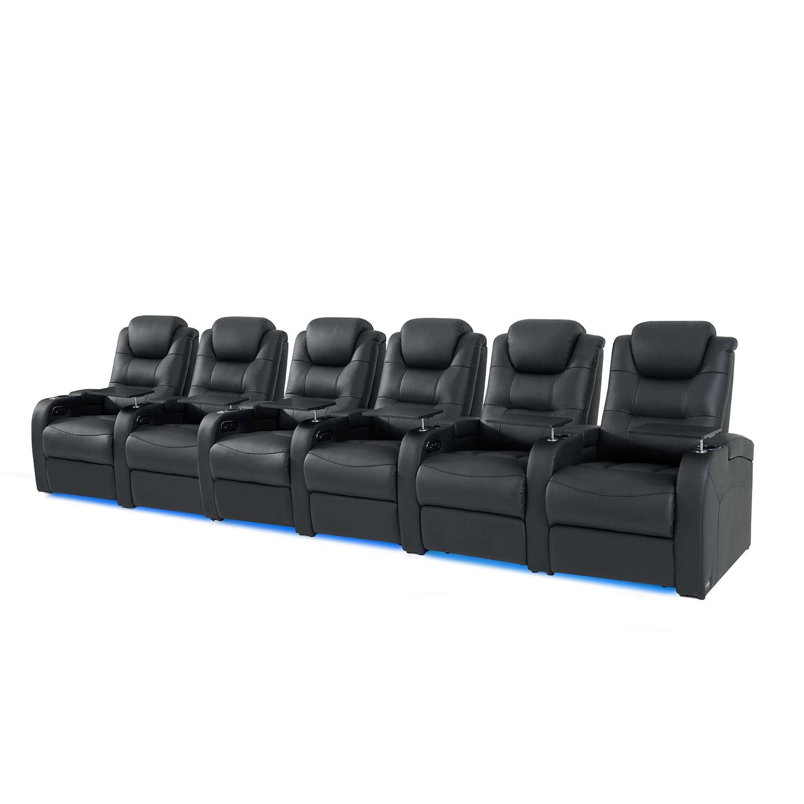 Home Theater Seating Seats Simple Style Top Grain Nappa Leather Recliner Chair Dual Power Movie Theater Chairs Gaming Sofa Electric Headrest with Tray Table (Black, Row of 6)