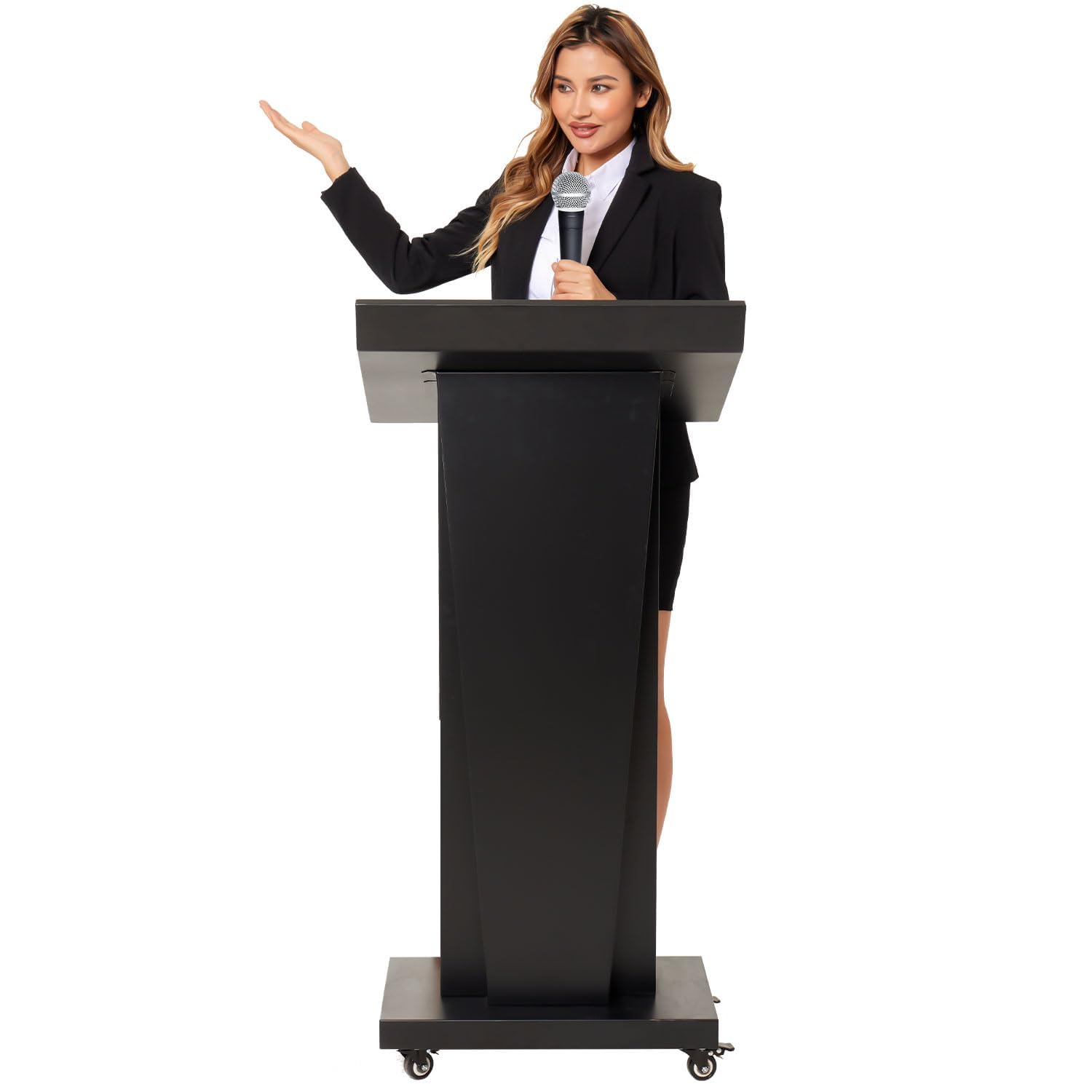 Podium Stand with 4 Locking Wheels, Lecterns & Podiums for Church School Office Conference Home, Heavy Duty Metal, Large Storage Area, Slant Desktop, 50.4" H