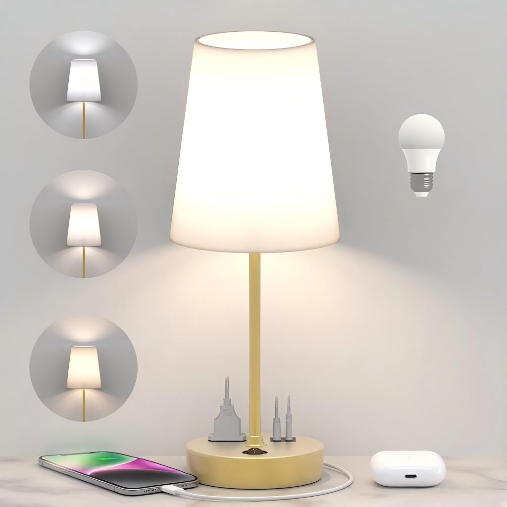 Bedroom Table Lamp, Bedside Lamp with AC Outlet and USB C Charging Ports(PD 20W), 3-Way Dimmable Lamp with Switch, Lamps with Shade for Night Stands, Living Room, Desk, and Home Office, 6.5Ft