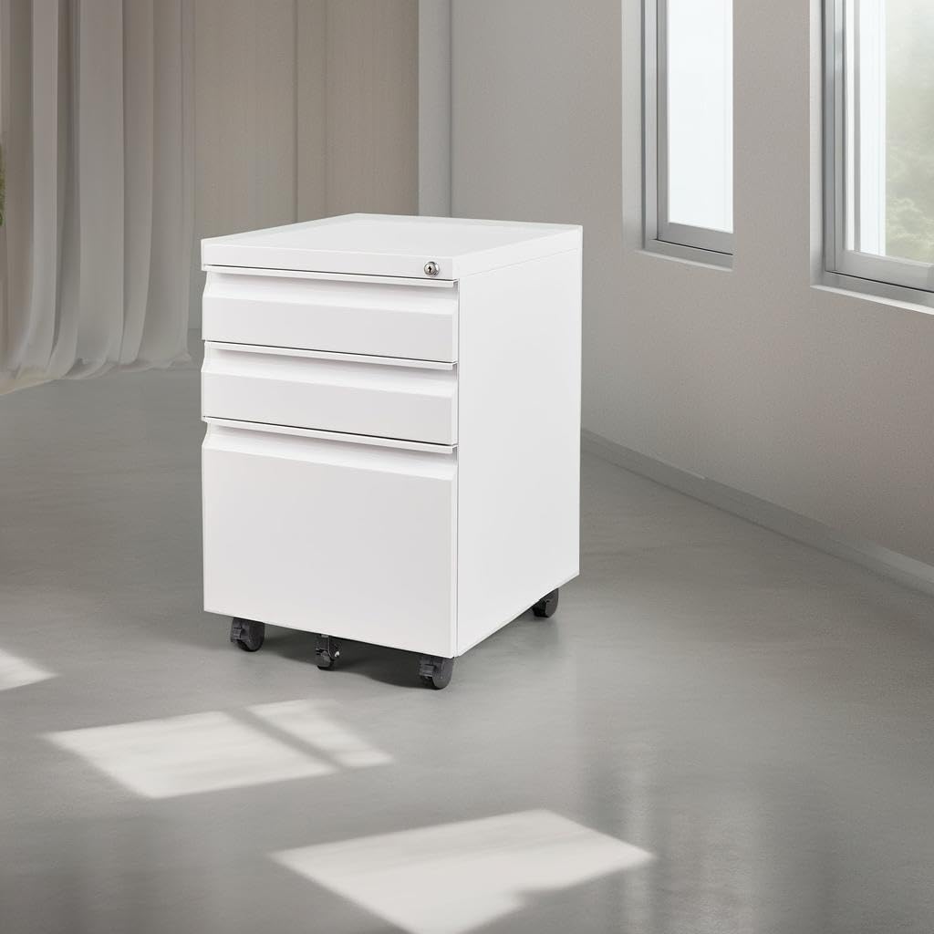 3 Drawer Mobile File Cabinet with Lock, Under Desk Metal Filing Cabinets for Home Office Organizer Letters/Legal/A4(Fully Assembled-White)