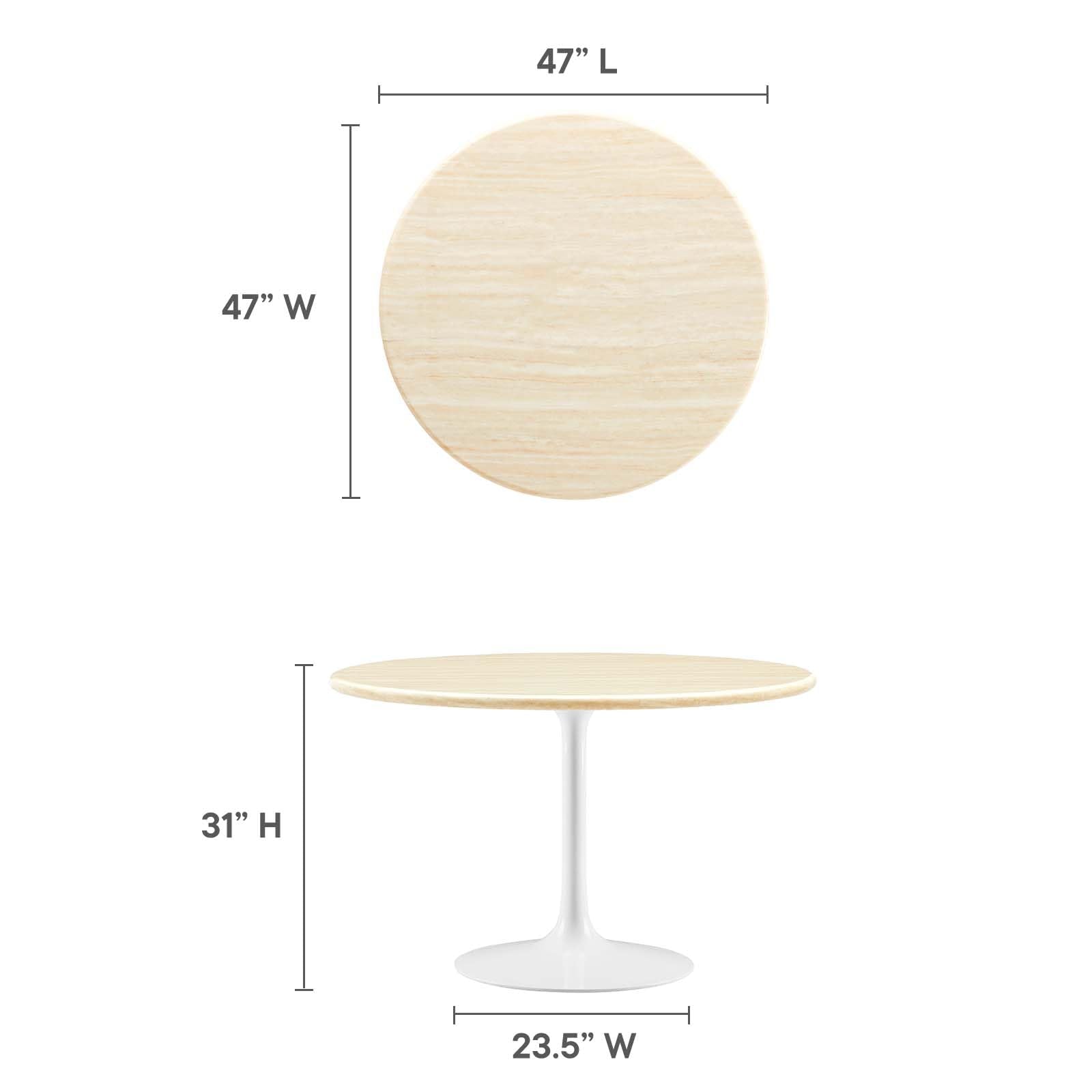 Modway Lippa 48" Round Artificial Dining Table with Tapered, Metal Base, White Travertine