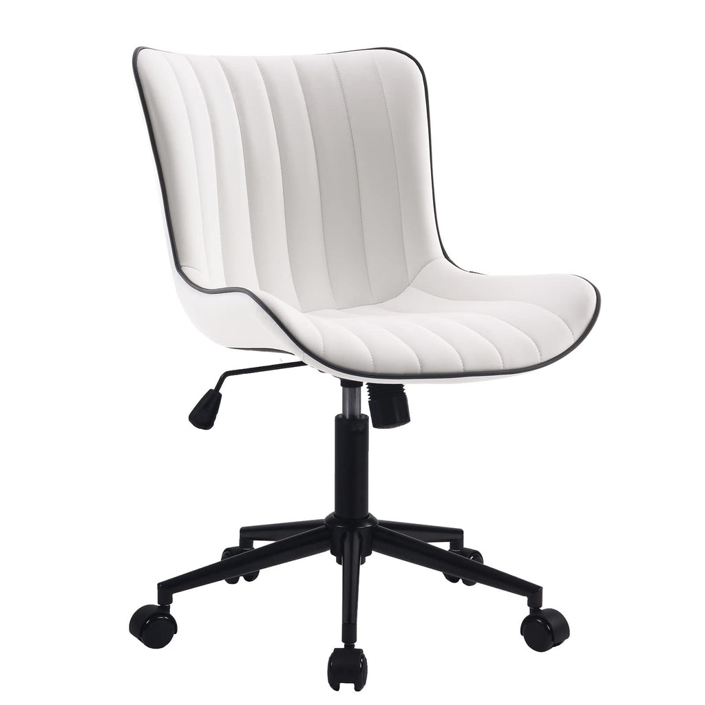 White Armless Office Chair Faux Leather Small Cute Desk Chair with 12° Rocking Back Adjustable Height Swivel Vanity Chair Ergonomic Compact Home Computer Rolling Task Chair for Small Spaces