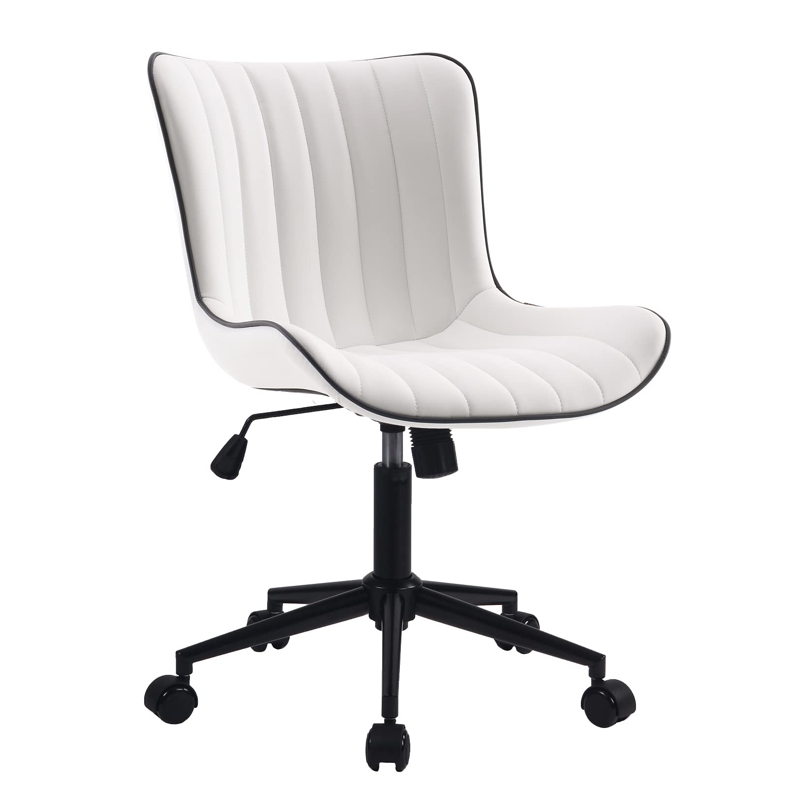 White Armless Office Chair Faux Leather Small Cute Desk Chair with 12° Rocking Back Adjustable Height Swivel Vanity Chair Ergonomic Compact Home Computer Rolling Task Chair for Small Spaces