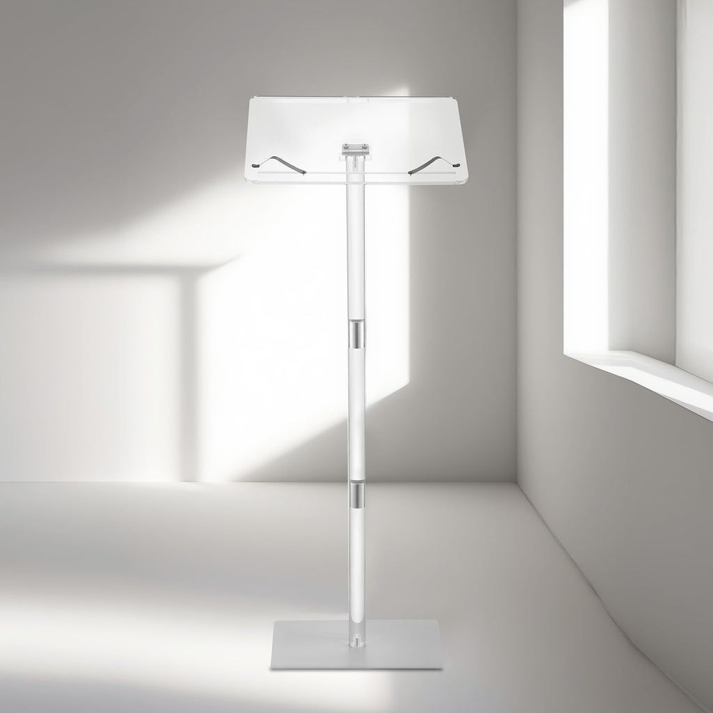 Podium Stand, 41-Inch Acrylic Lectern, Portable Laptop Desk with Wide Reading Surface, Book Clips, Adjustable Angle, Floor-Standing, for Classroom, Wedding, Conference, Lecture and Concert
