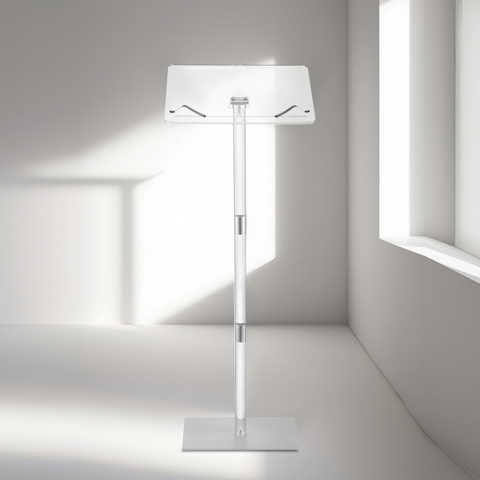 Podium Stand, 41-Inch Acrylic Lectern, Portable Laptop Desk with Wide Reading Surface, Book Clips, Adjustable Angle, Floor-Standing, for Classroom, Wedding, Conference, Lecture and Concert